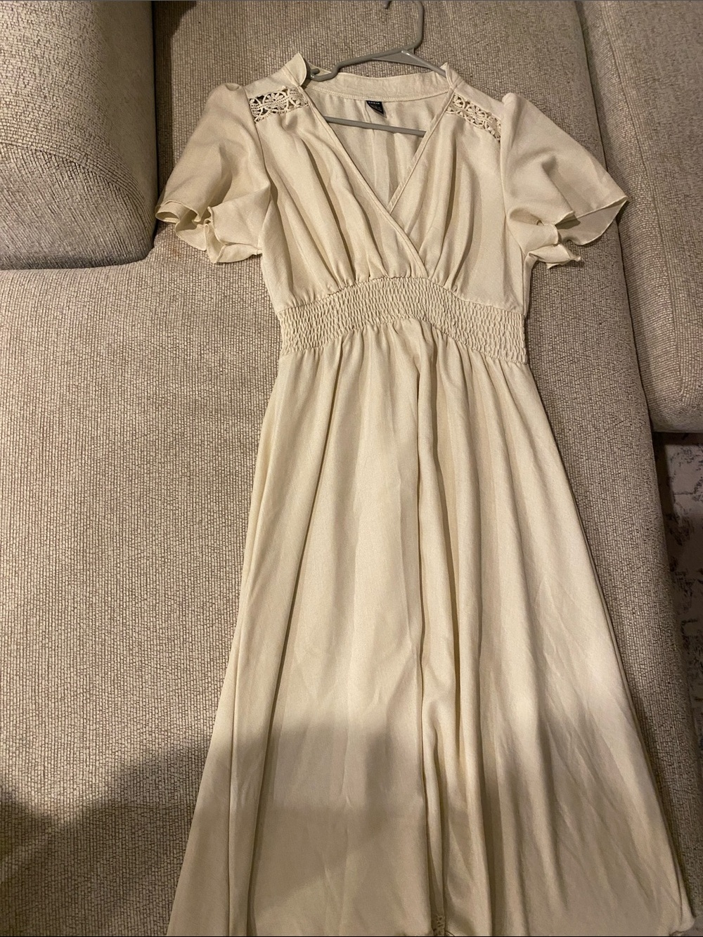 SHEIN Cream V-Neck Smocked Waist Maxi Dress